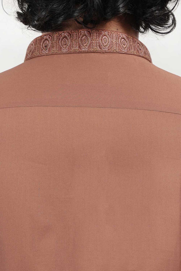 Brown Cotton Embroidered Kurta With White Pajama