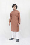 Brown Cotton Embroidered Kurta With White Pajama