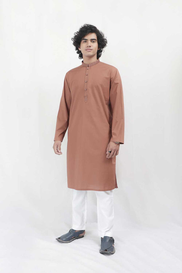 Brown Cotton Embroidered Kurta With White Pajama