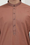 Brown Cotton Embroidered Kurta With White Pajama