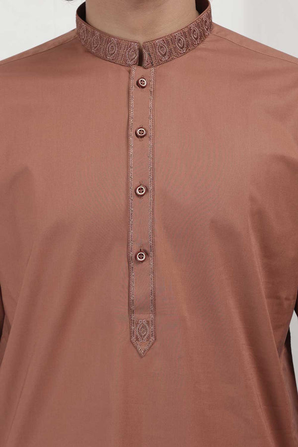 Brown Cotton Embroidered Kurta With White Pajama