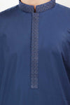 Navy Blue Cotton Embroidered Kurta With White Pajama