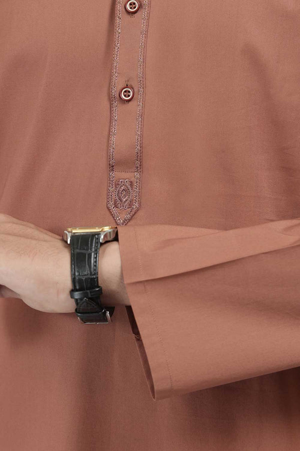 Brown Cotton Embroidered Kurta With White Pajama