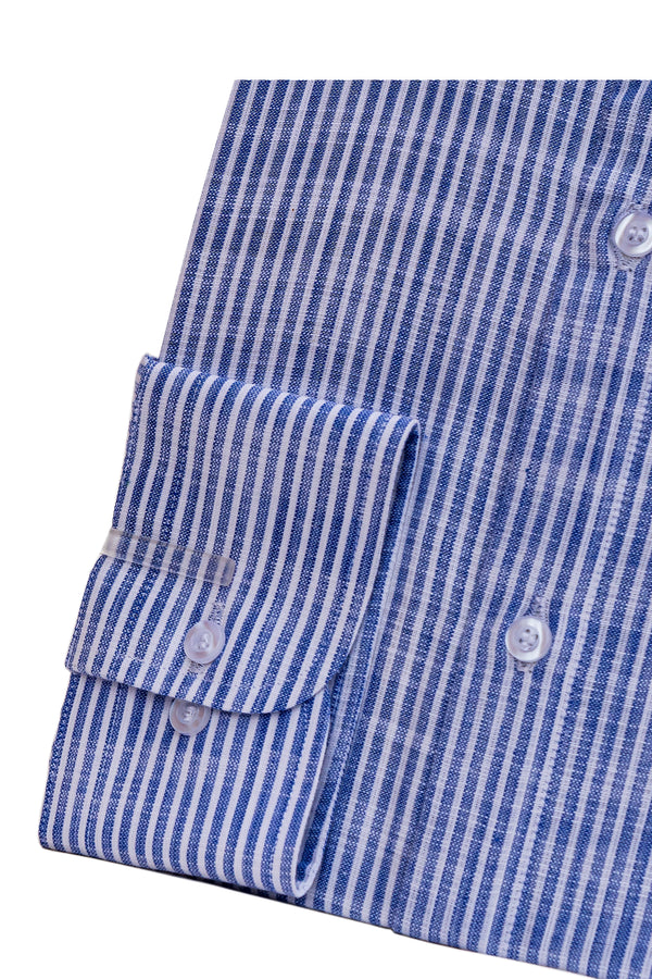 Blue Bengal Stripe Round Collar Cotton Linen Shirt