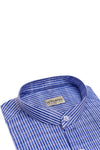 Blue Bengal Stripe Round Collar Cotton Linen Shirt
