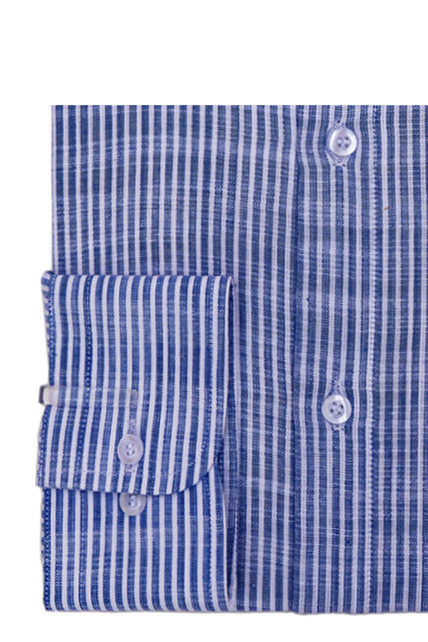 Blue Bengal Stripe Round Collar Cotton Linen Shirt