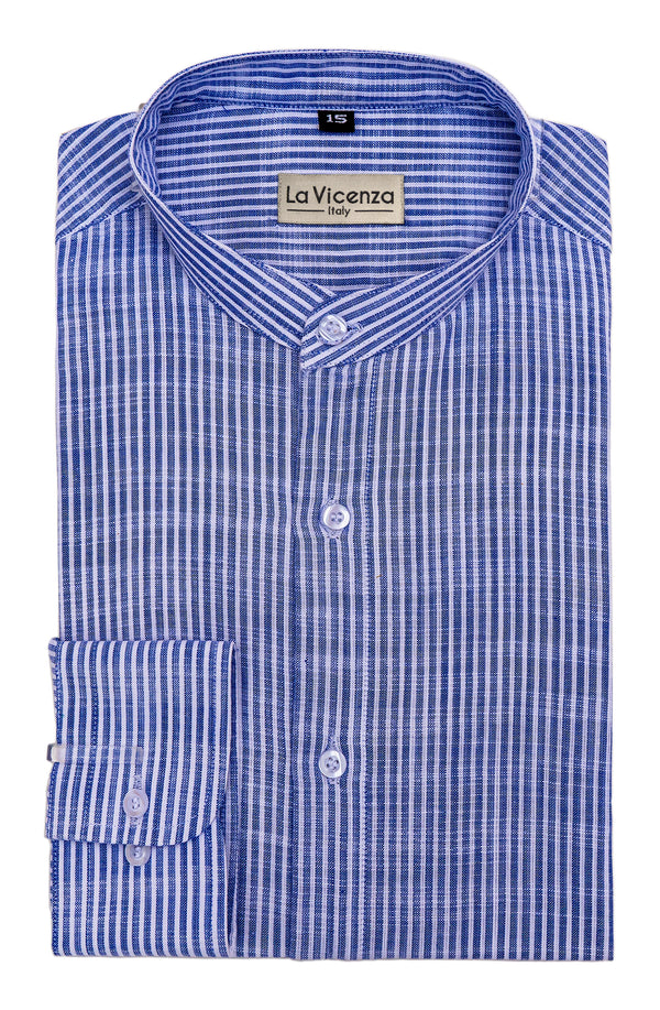 Blue Bengal Stripe Round Collar Cotton Linen Shirt