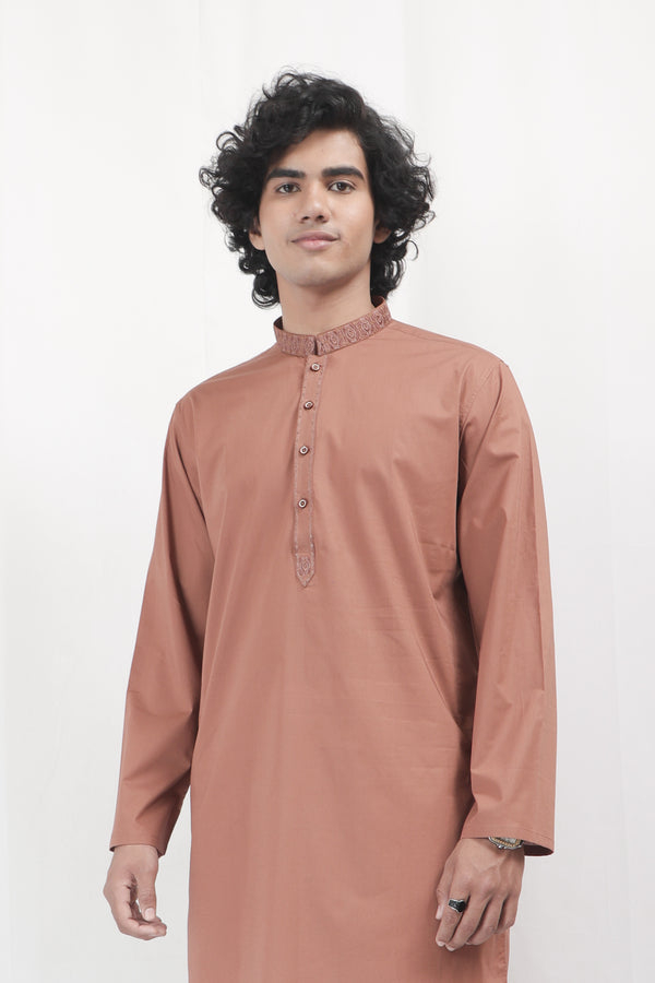 Brown Cotton Embroidered Kurta With White Pajama
