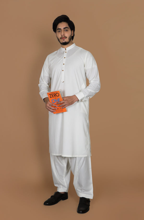 Pearl White Wash And Wear Designer Shalwar Kameez