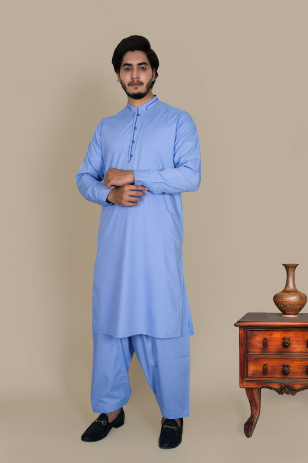 Sky Blue Dark Wash And Wear Designer Shalwar Kameez