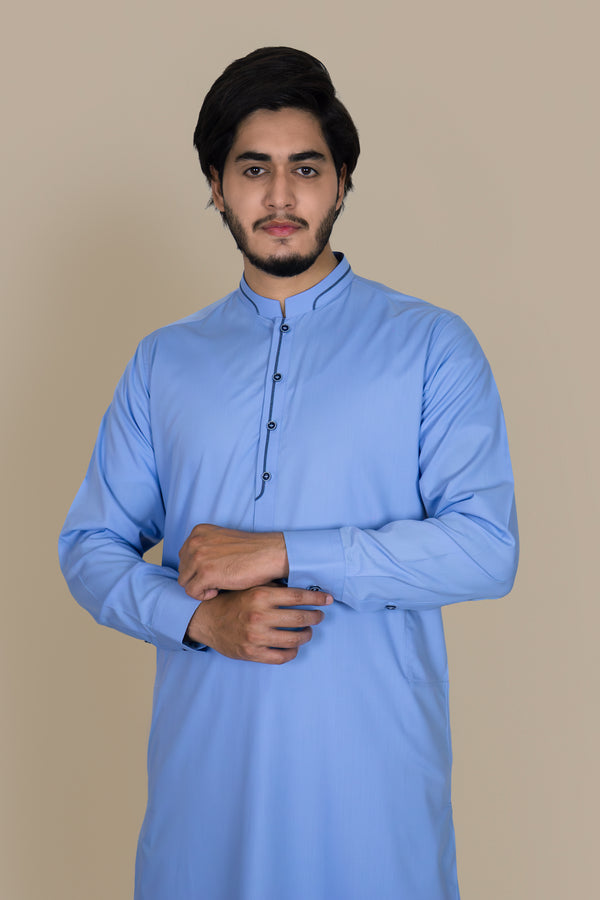 Sky Blue Dark Wash And Wear Designer Shalwar Kameez